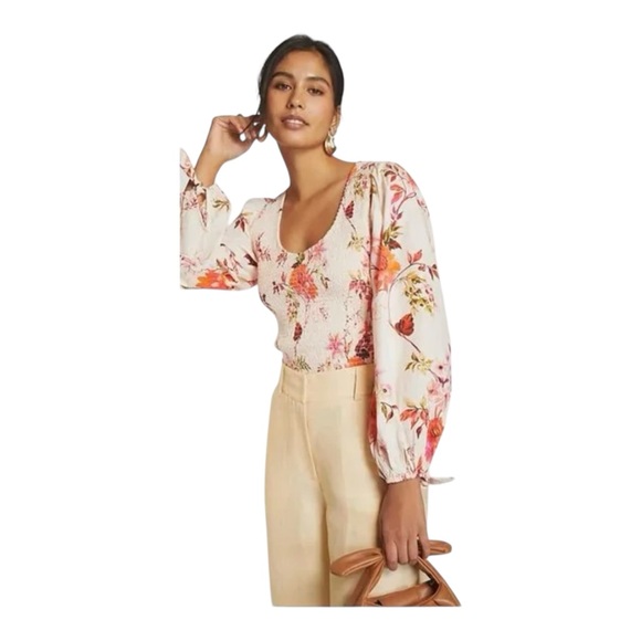 By Anthropologie Tops - By Anthropologie Top Smocked Peplum Floral Cream Pink - M